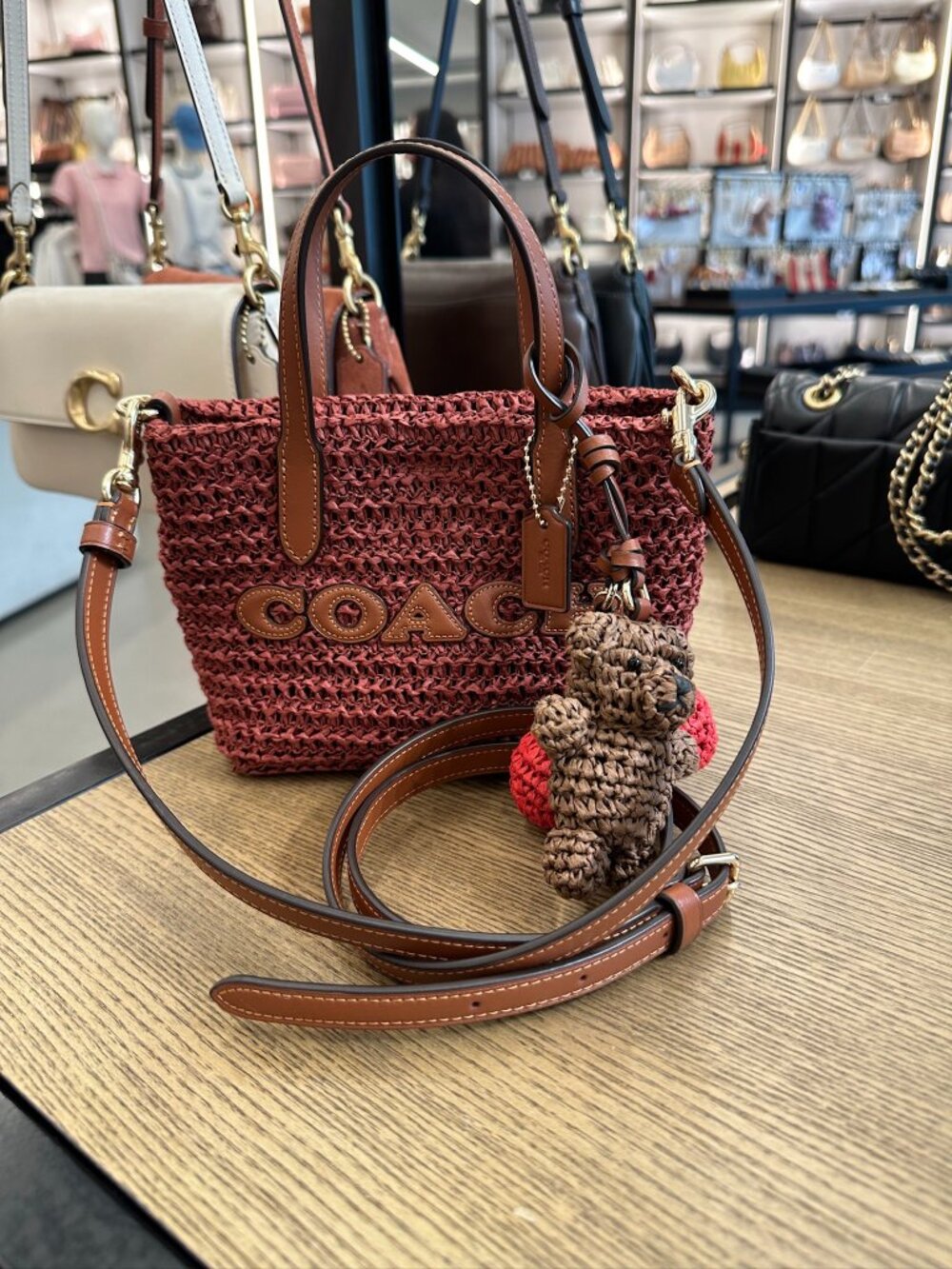 NWT! Coach CEU30 City Mini Tote Bag With Charms In Straw & Leather Gold/Russet
